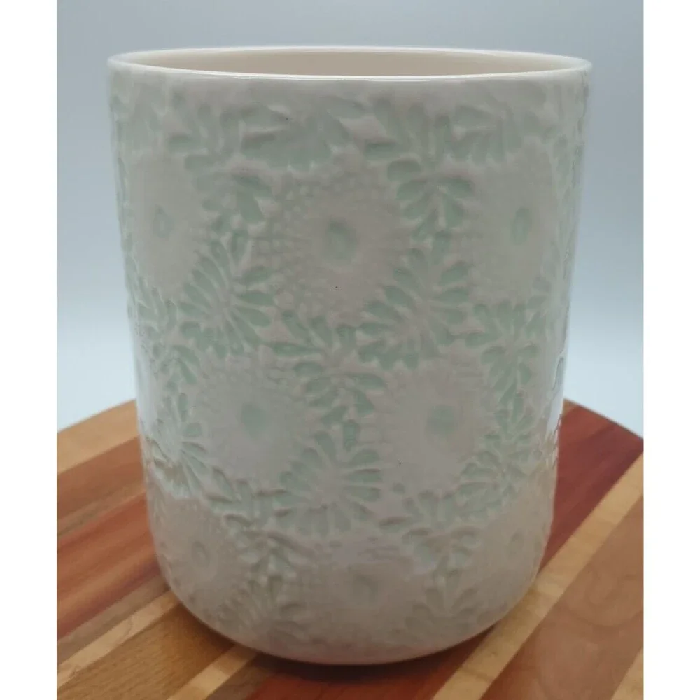 Sur La Table Utensil Crock Embossed Floral Green